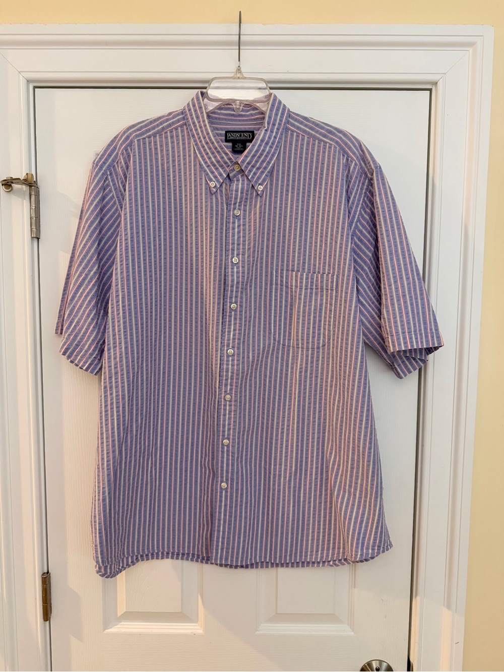 Men's Size XXL (18-18.5) Lands' End Purple White Short-Sleeve Button-Down Shirt